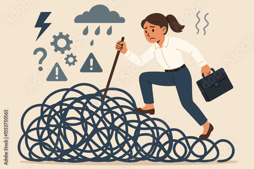 Businesswoman Overcoming Challenges and Stress, Solving Problems, Facing Obstacles, Finding Solutions, Navigating Confusion, Workplace Anxiety, Corporate Struggle, Vector Illustration