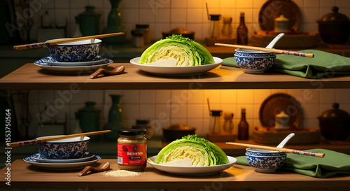 Halved Cabbage With Sesame Paste Set Up For Food Photography Studio