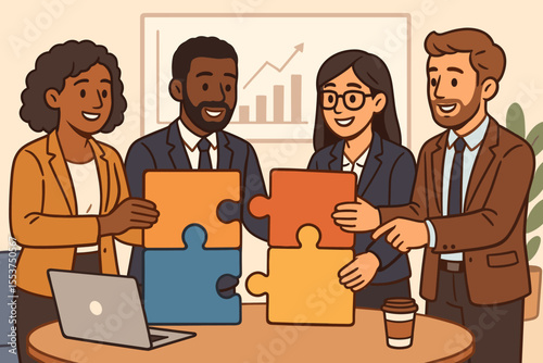 Diverse business team collaboration solving puzzle pieces for teamwork, strategy, partnership, creative problem solving, office meeting, productivity, growth, cartoon vector illustration