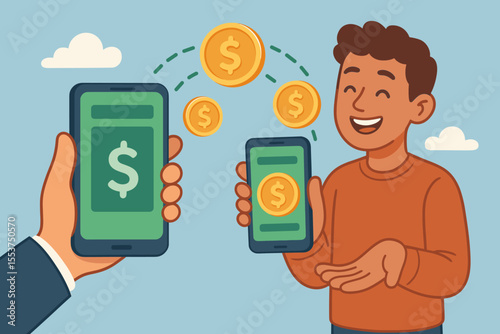 Mobile banking money transfer, digital payment transaction, sending and receiving funds via smartphone app, online finance, electronic wallet, cartoon illustration, secure cashless exchange