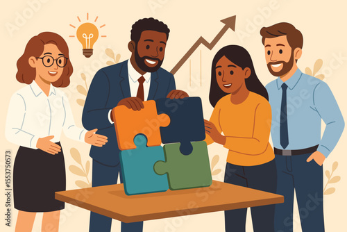Diverse business team collaboration concept. Teamwork solving puzzle pieces. Creative brainstorming, partnership, cooperation, leadership, problem solving, growth, innovation. Vector illustration