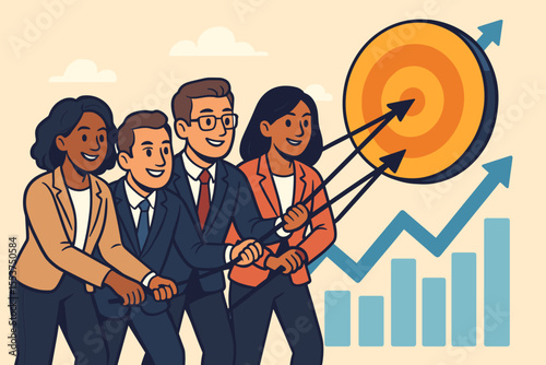 Diverse business team collaboration achieving shared goal, teamwork synergy, unified effort, partnership, hitting target, success strategy, growth, leadership, cartoon vector illustration