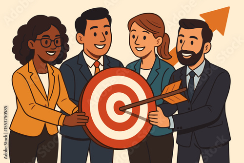 Diverse business team achieving shared goal, teamwork collaboration, unity, leadership, partnership, success target, group strategy, arrow hitting bullseye, corporate synergy, vector illustration