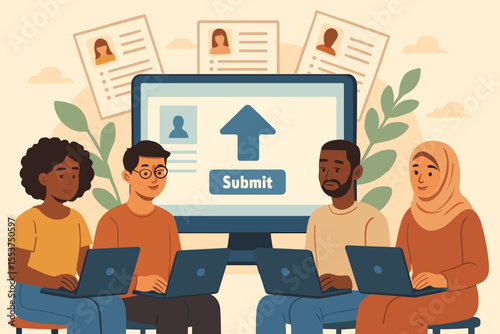 Diverse group of job seekers applying online, submitting resumes on laptops, teamwork, recruitment process, digital hiring, career search, HR management, multicultural candidates, vector illustration