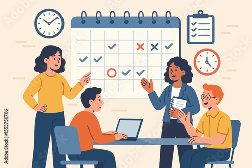Teamwork project management scheduling. Office group planning tasks, deadlines, meetings. Calendar, checklist, time management, collaboration, diverse business people, workplace productivity concept