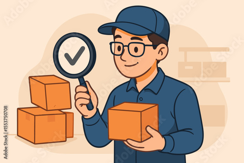 Quality control inspector checking package for assurance, product inspection, delivery excellence, supply chain management, logistics, warehouse worker, vector cartoon illustration