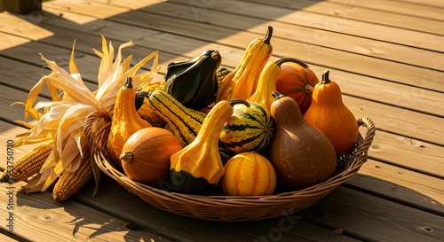 Autumn Abundance Basket Filled With Colorful Gourds And Corn On Wooden Background