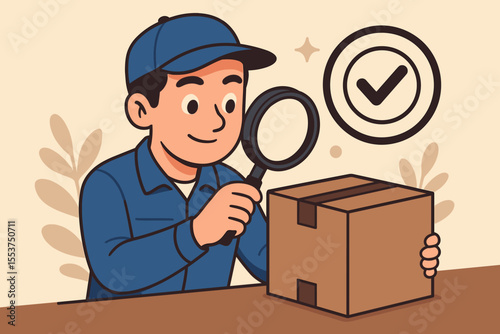 Quality control inspector examining package for assurance, product inspection, delivery service excellence, QC process, cartoon vector, logistics, shipping, certified goods, workplace safety