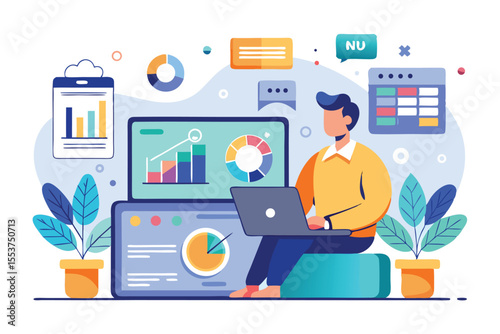 Creative flat illustration of an admin dashboard design concept featuring a person working on a laptop with data visualizations and analytics in a bright workspace environment