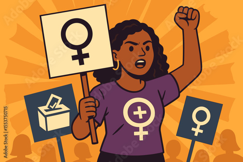 Strong Woman Protester Raising Fist for Gender Equality, Feminism, Women’s Rights, Political Participation, Voting, Empowerment, Social Justice, Activism, Diverse Female Leader Vector Illustration