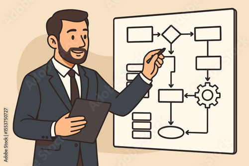 Businessman Presenting Workflow Diagram, Planning Strategy, Analyzing Process Flow, System Optimization, Project Management, Corporate Training, Vector Illustration, Office Presentation Concept