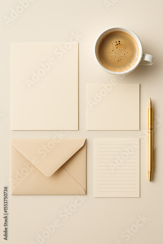 Organized flat lay of cream stationery items, including paper, an envelope, and a cup of coffee with a golden pen, ideal for elegant business mockups