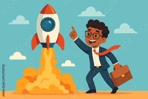 Ambitious entrepreneur launching startup with rocket, business success concept, innovative product development, new venture, leadership, motivation, cartoon vector illustration, career growth