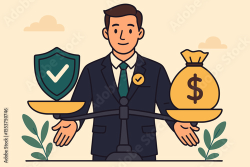 Ethical Leadership Business Concept Balancing Integrity and Profit. Businessman Weighing Money and Ethics. Corporate Responsibility, Decision Making, Financial Success, Vector Illustration