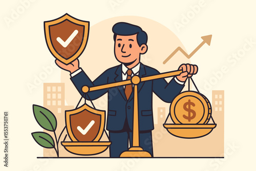 Business Ethics Leadership Balancing Profit and Principles. Cartoon Vector of Businessman Weighing Money and Shield. Corporate Responsibility, Sustainable Success, Decision Making, Growth Concept