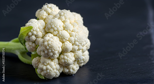 Fresh Cauliflower Head Exhibiting Water Droplets On Deep Toned Surface Close Up