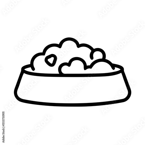 Vector line icon of a pet food bowl heaped with kibble, transparent.
