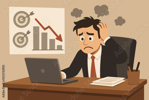 Stressed businessman at desk with declining sales graph, missed targets, disappointment, financial loss, frustration, office anxiety, business failure, cartoon vector illustration, negative results