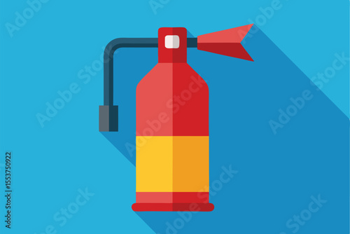 Simple flat geometric illustration of a fire extinguisher with a red and yellow design on a blue background showcasing its nozzle and handle details