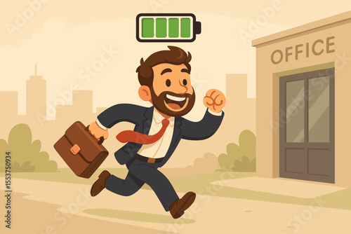 Energetic businessman cartoon character running to office with full battery icon, motivation, productivity, work enthusiasm, stress resistance, corporate success, urban background, vector illustration