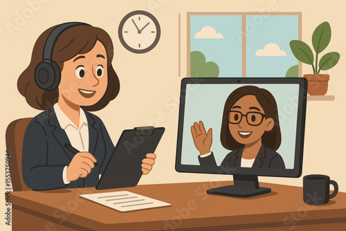 HR manager conducting virtual job interview with businesswoman candidate, online recruitment process, remote hiring, human resources, office workspace, digital communication, vector illustration