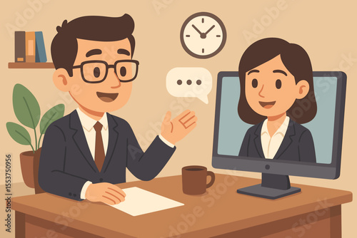 Cartoon business interview online. HR manager and candidate video call. Remote job interview, virtual meeting, recruitment process, human resources, office workspace, communication, teamwork concept