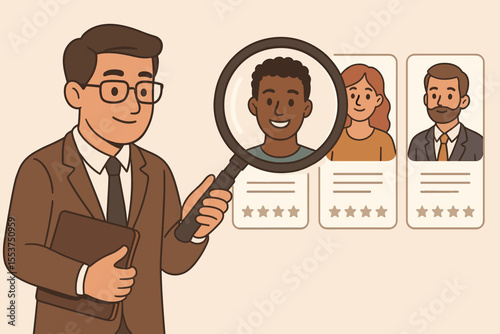 HR manager analyzing job candidates with magnifying glass, talent acquisition, recruitment process, employee selection, human resources, hiring decision, cartoon vector illustration