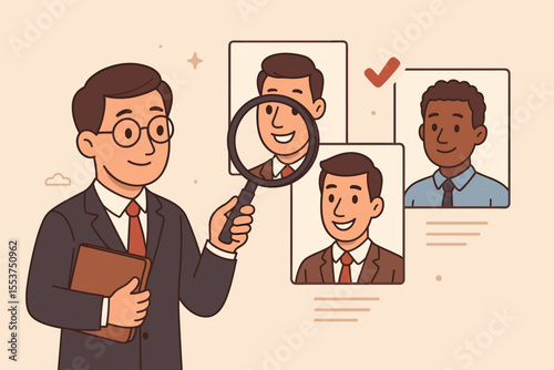 Human resources manager analyzing candidate profiles with magnifying glass. Recruitment process, talent acquisition, job interview selection, HR evaluation, hiring decision. Vector illustration.