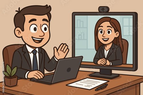 Cartoon business interview online. HR manager conducting virtual job interview with businesswoman. Remote recruitment, human resources, video call meeting, office workspace, laptop, teamwork concept