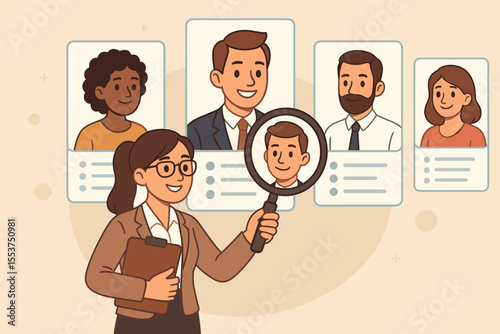 Human resources manager analyzing job candidates with magnifying glass, recruitment process, talent acquisition, employee selection, HR interview, hiring decision, cartoon vector illustration