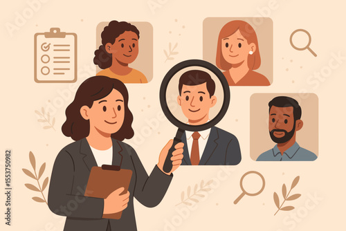 Human resources manager analyzing candidates with magnifying glass. Recruitment process, talent acquisition, employee selection, job interview, HR evaluation, diverse professional team concept