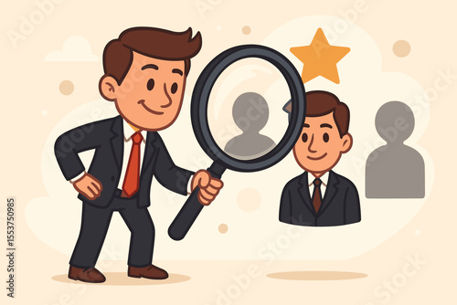 Human resources recruitment concept. Cartoon businessman in suit holding magnifying glass searching for best employee. Job candidate selection, talent acquisition, hiring process vector illustration