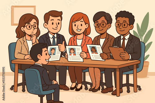 Human Resources Team Interviewing and Evaluating Job Candidates, Professional Recruitment Process, Business People Selection, Office Hiring Meeting, Vector Cartoon Illustration