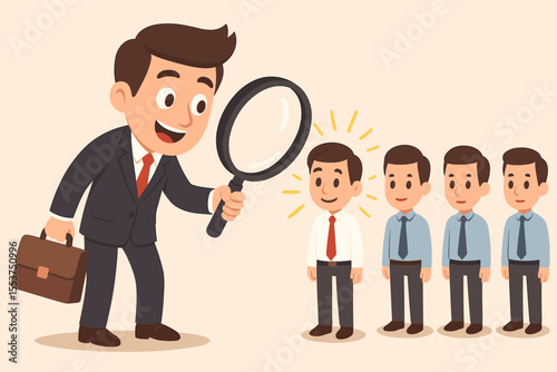 Human resources recruitment concept. Cartoon businessman holding magnifying glass selecting best candidate from group. Job interview, employee search, hiring process, talent acquisition illustration