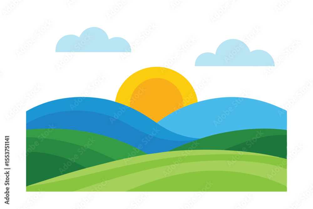 Obraz premium Rolling hills at sunrise: A vibrant, colorful illustration captures a bright sun rising over a landscape of rolling hills, blue skies, and fluffy clouds, conveying feelings of peace and happiness.