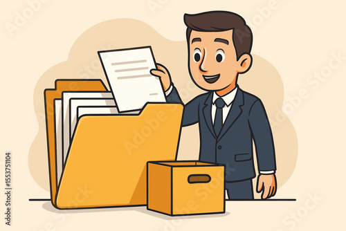 Businessman Organizing Office Documents in Large Folder for Efficient File Management, Data Storage, Indexing, Paperwork Organization, Corporate Records, Archive System Vector Illustration