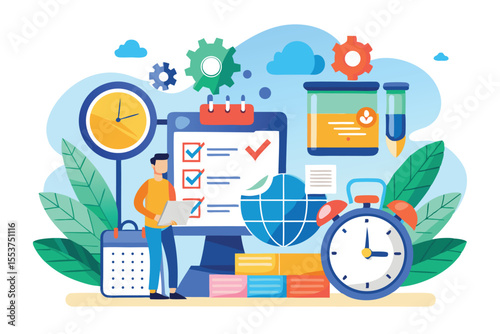 Effective time management strategies for business illustrated with clocks, checklists, and tools in a vibrant workspace setting