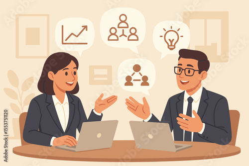 Business meeting teamwork discussion. Professional man woman colleagues brainstorming ideas, planning strategy, analyzing growth, collaboration, communication, corporate office vector illustration