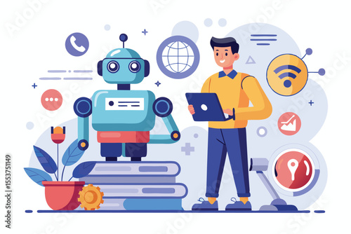 Character exploration using artificial intelligence at a modern workspace featuring a person and a robot in a creative environment