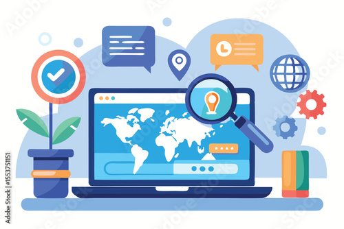 Exploring the concept of search engines through a laptop displaying a world map and various search-related graphics in a modern workspace setting