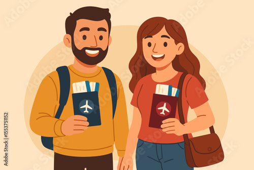 Young Couple Holding Passports and Airline Tickets Ready for Air Travel Adventure. Vector Illustration of Travelers with Luggage, Boarding Pass, Vacation, Tourism, Journey, Airport Departure Concept