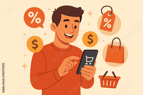 Online shopping concept illustration. Man using smartphone for digital purchases, receiving discounts, sale offers, price tags, money symbols, e-commerce, retail, mobile commerce, shopping app