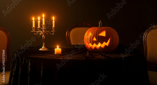 Elegant Halloween Still Life With Glowing Jack O Lantern And Candelabra