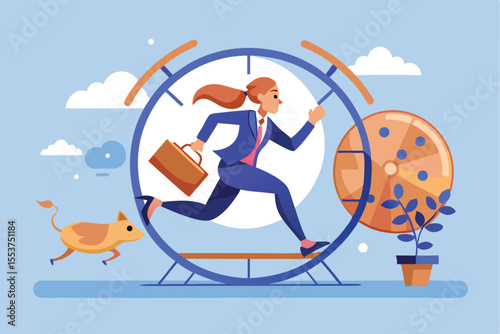 Business woman energetically running in a hamster wheel while carrying a briefcase, demonstrating the fast-paced work life and the feeling of being stuck in a routine