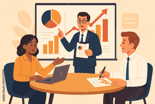 Business team meeting analyzing financial data, discussing revenue growth strategies, presenting charts and graphs, corporate marketing professionals, office collaboration, vector illustration