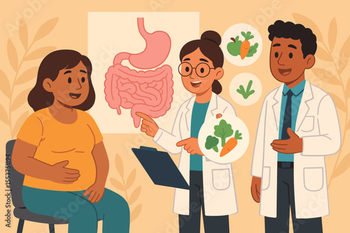 Nutritionists and Doctors Advising Patient on Digestive Health, Gut Health Consultation, Healthy Diet Recommendations, Medical Team, Nutrition Advice, Stomach and Intestine Vector Illustration