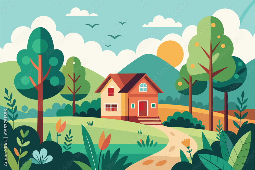 Fototapeta premium Charming spring countryside landscape featuring a cozy house nestled among vibrant trees and blooming flowers under a bright sun with distant mountains on the horizon