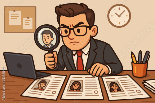 HR Manager Reviewing Resumes with Magnifying Glass, Recruitment Process, Candidate Selection, Job Interview, Office Desk, Laptop, Cartoon Vector Illustration, Human Resources Concept