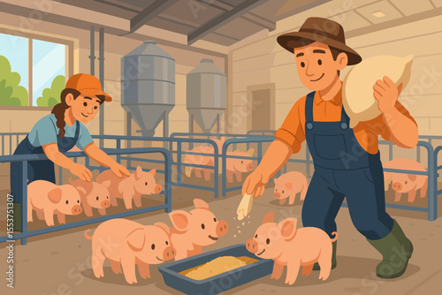 Modern pig farm interior with farmers feeding and caring for healthy pink piglets, agricultural workers in overalls, livestock husbandry, animal feed, cartoon vector illustration, barn setting