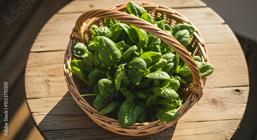 Fresh Spinach Leaves In Woven Basket Displayed On Wood Table Surface